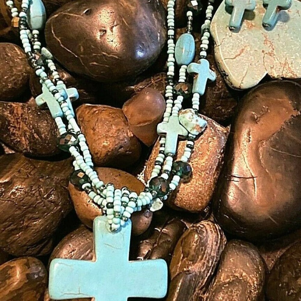Beaded Christmas Western Turquoise Cross Seed Bead Necklace Earring - Picture 2 of 11
